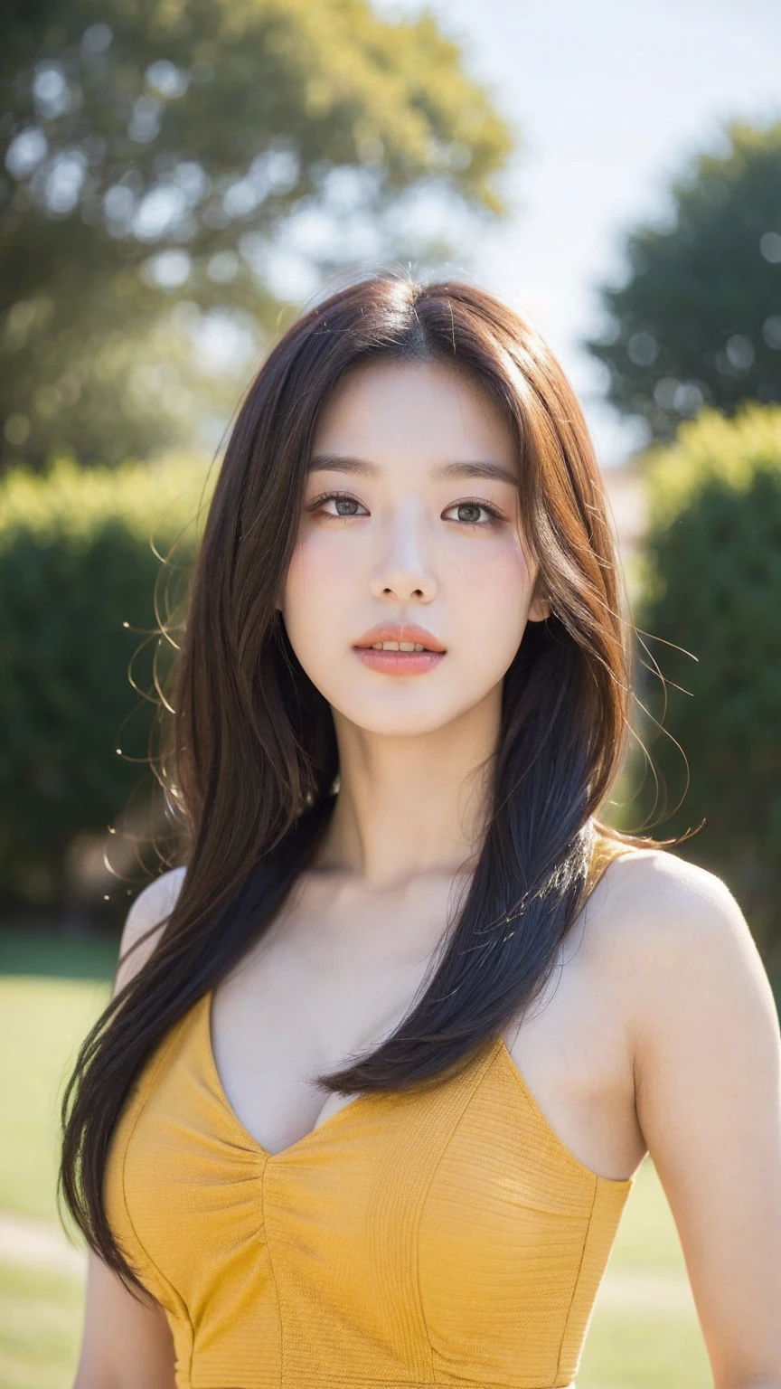 ((best quality, 8K, masterpiece:1.3))，1 woman，18 years old，Asian，real texture:1.3，(blur background:1.3)，gorgeous long dress，tall and slender figure:1.2，(hot summer weather)，（distance:1.3），Highly detailed face and skin textures，exquisite eyes，long eyelashes，double eyelid，skin whitening，happy，big bust