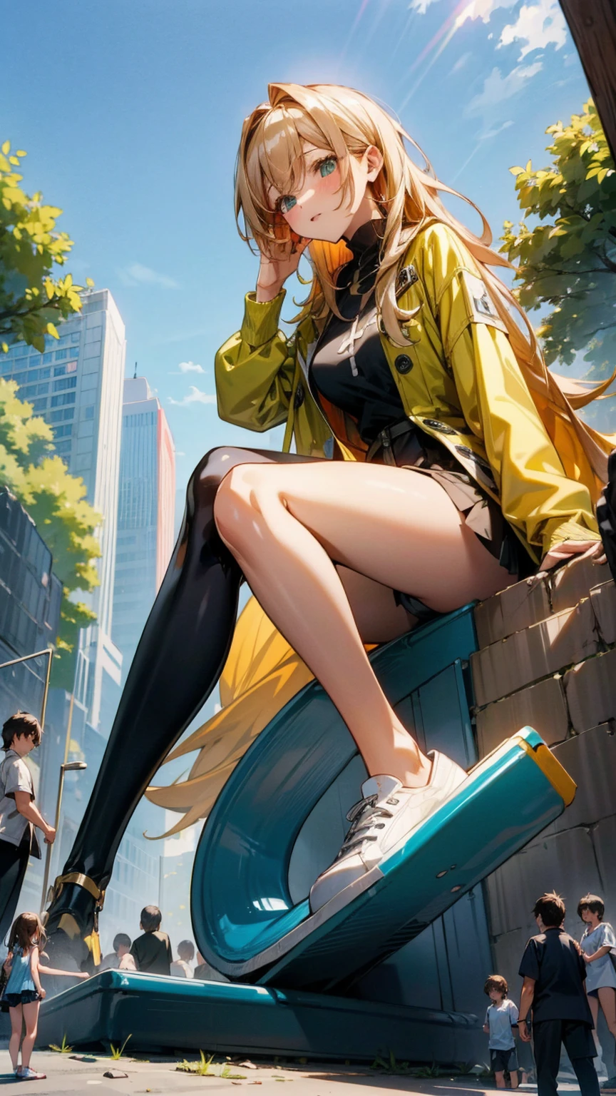 In a bustling city park, a giantess sits cross-legged, her towering figure surrounded by normal-sized people enjoying a sunny day. Children play at her feet, using her legs as makeshift slides, while adults sit nearby, basking in her protective presence and the sense of wonder she brings.
