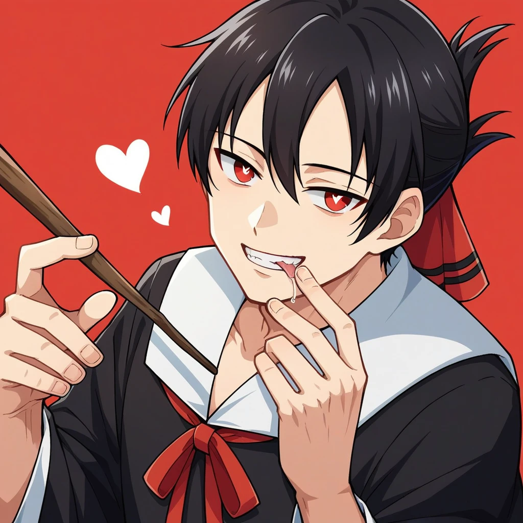 score_9, score_6_climb, source_anime, 1 man, alone, climbper body, Shinomiya Kaguya, conjunctivitis, black hair, black dress, white sailor collar, Neck ribbon, red ribbon, Put your hand on your chin., Heart-shaped eyes, no pclimbils, smile softly, tooth, tsurime, red background , stick out your tongue, sexy, saliva, flirt, It has black wings., Hakama style kimono