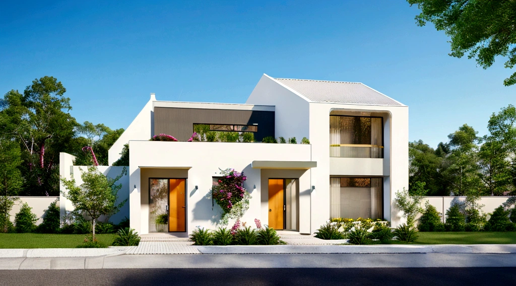 Exterior scene of a modern single-story house by the roadside, with pale yellow walls, glass windows and doors, simple yet elegant interior, surrounded by flowers and trees, blending harmoniously with nature, fresh air, natural light, hyper-realistic, high-quality image. photorealistic, 8K