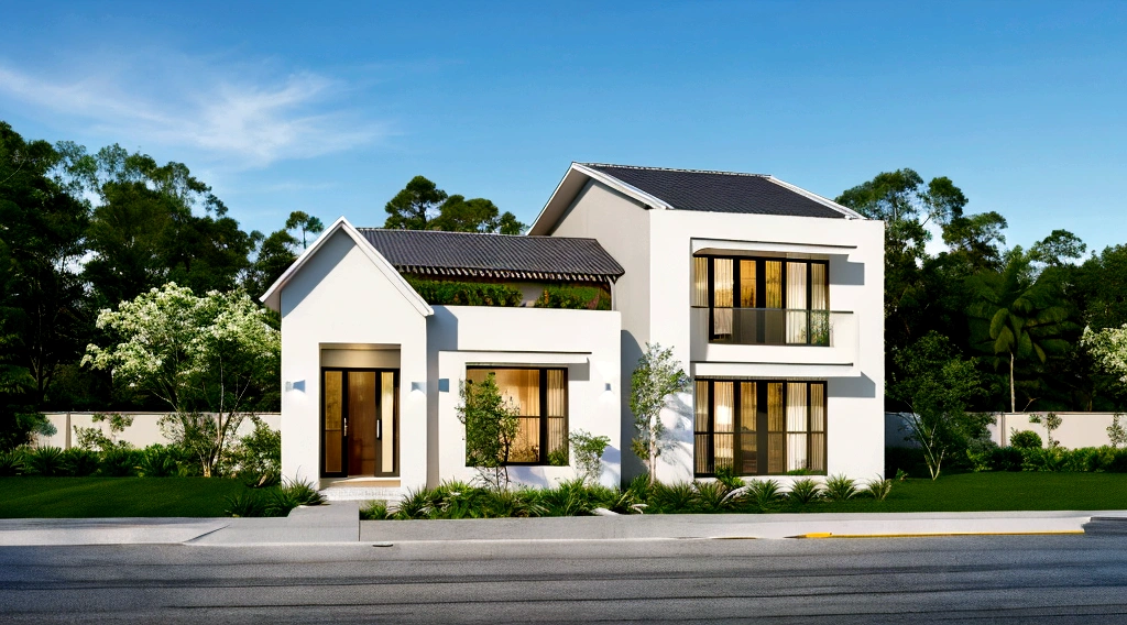 Exterior scene of a modern single-story house by the roadside, with pale yellow walls, glass windows and doors, simple yet elegant interior, surrounded by flowers and trees, blending harmoniously with nature, fresh air, natural light, hyper-realistic, high-quality image. photorealistic, 8K