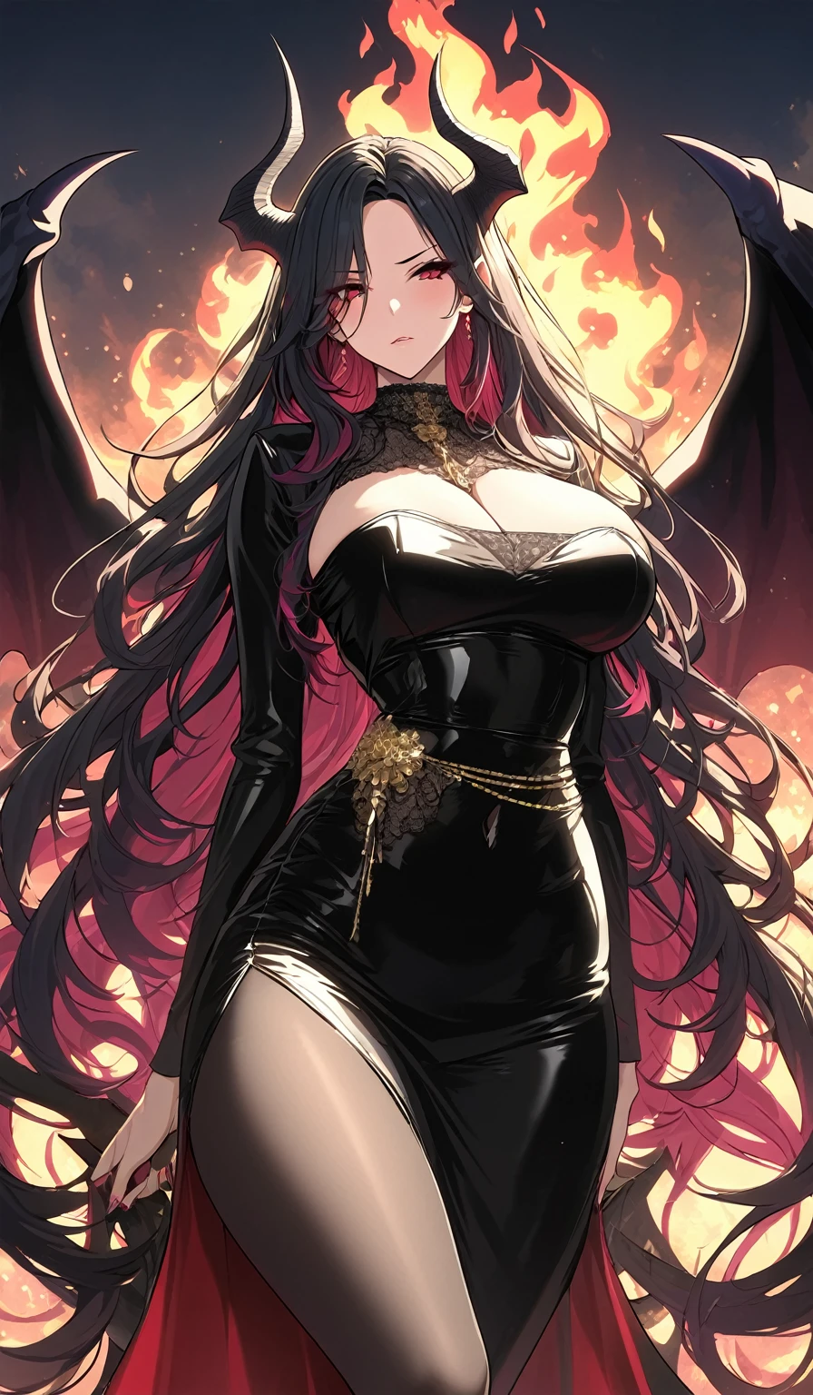 Masterpiece, very detailed, ultra detailed, one, (1 female succubus), She in a closed black leather dress with gold details, in the style of a milf, mature mother, super long hair, red and black hair, thin black demonic horns, thin black long tail, beautiful, charming, light raspberry-red eyes and black eyeliner, elegant, large breasts, serious face, charming, black leather wings, on the background and around her huge fire flame and heat