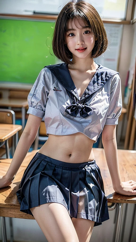 women in classroom, ((sailor suit, white crop top)), blue school skirt, student uniform, Open the navel, Open belly, (Shows the abdominal area),  