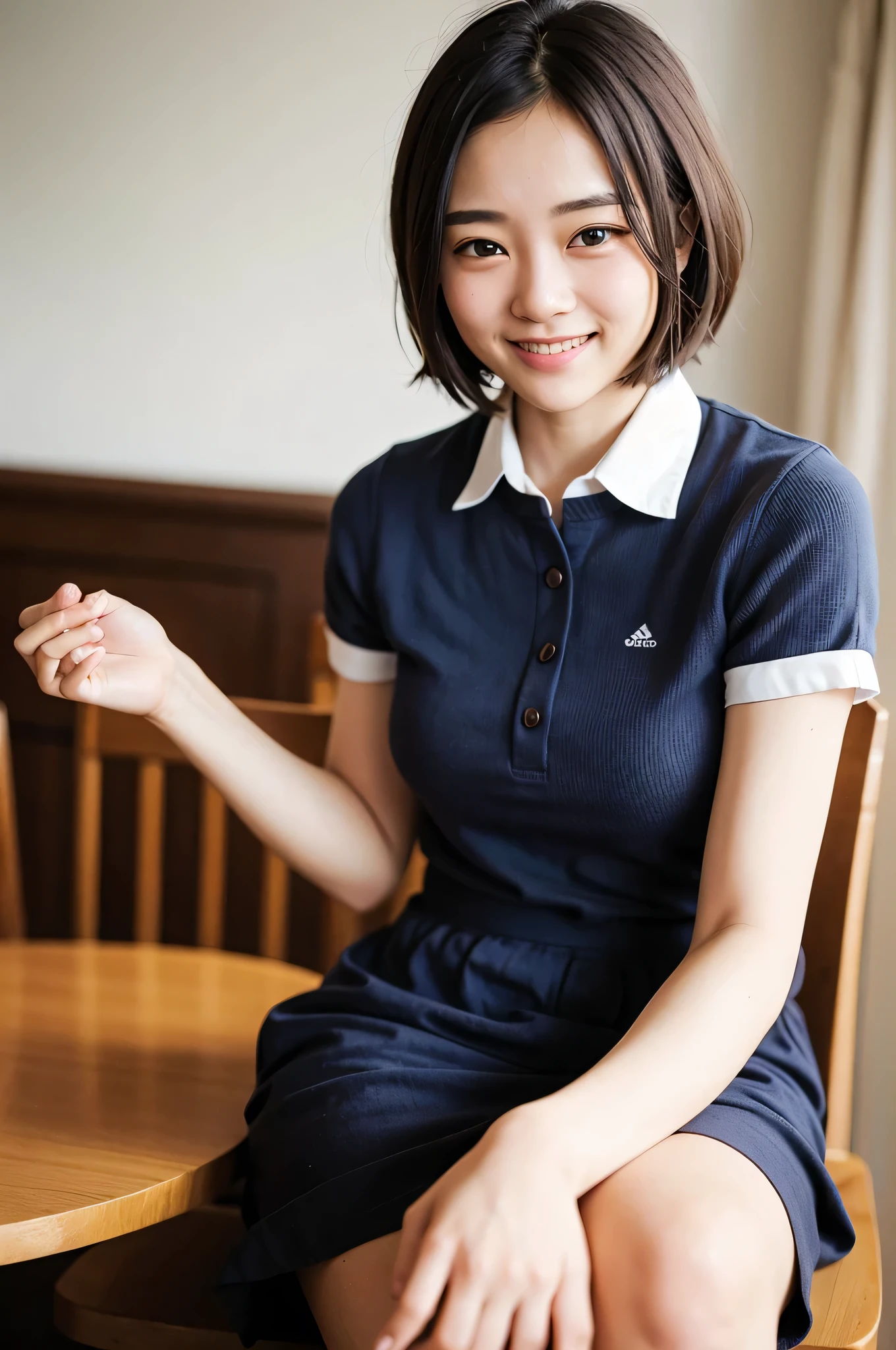 Highest quality, One beautiful woman, Super Short Hair, Golden Hair, , A shy smile, sunlight, uniform、high school student