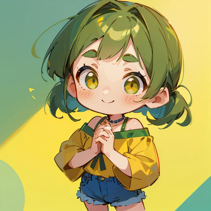 (masterpiece, Highest quality:1.2), (2 head body chibi character:1.1), Yellow-green hair, Chignon Hair, Top of the head, Yellow-green eyes, Yellow off-shoulder blouse, Denim shorts, Short bangs, Thick eyebrows, Round necklace, A gentle atmosphere, Hands together, smile, View your viewers, (Photo studio with blue background:1.0)