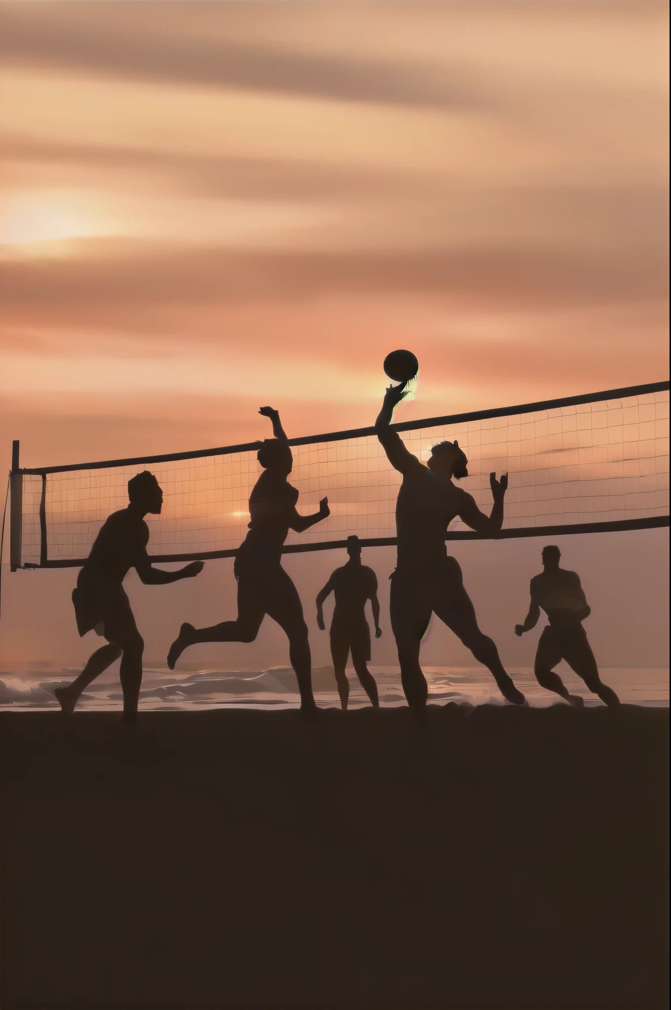 A captivating 3D render of a minimalist illustration portraying silhouetted individuals playing beach volleyball against a breathtaking sunset backdrop. The dynamic cinematic shot captures the athletes in mid-swing, emphasizing their athletic prowess. The soft, warm colors of the sunset contrast with the dark, simple shapes of the figures, resulting in a visually striking and aesthetically pleasing scene