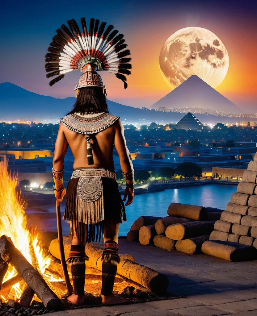 An Aztec warrior posing with his back standing next to a bonfire, panoramic view of the city of Tenochtitlan with the Pyramid of the Sun in the background, invaded by ghosts and specters, night with a full moon.