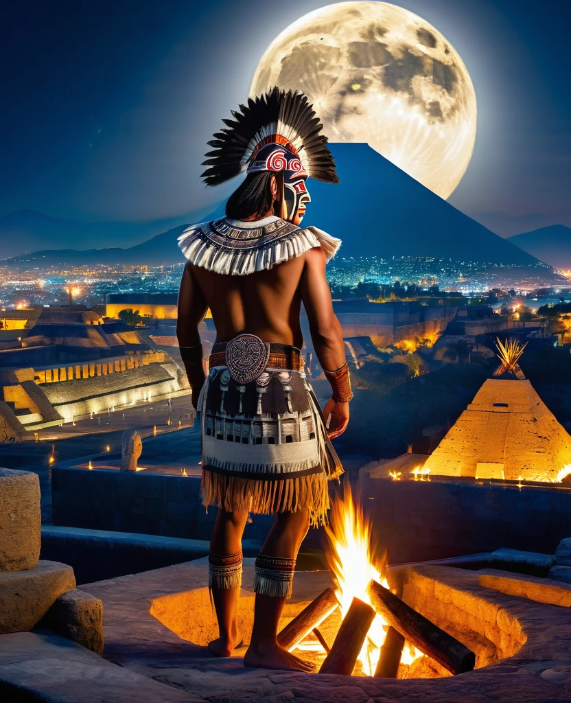 An Aztec warrior posing with his back standing next to a bonfire, panoramic view of the city of Tenochtitlan with the Pyramid of the Sun in the background, invaded by ghosts and specters, night with a full moon.