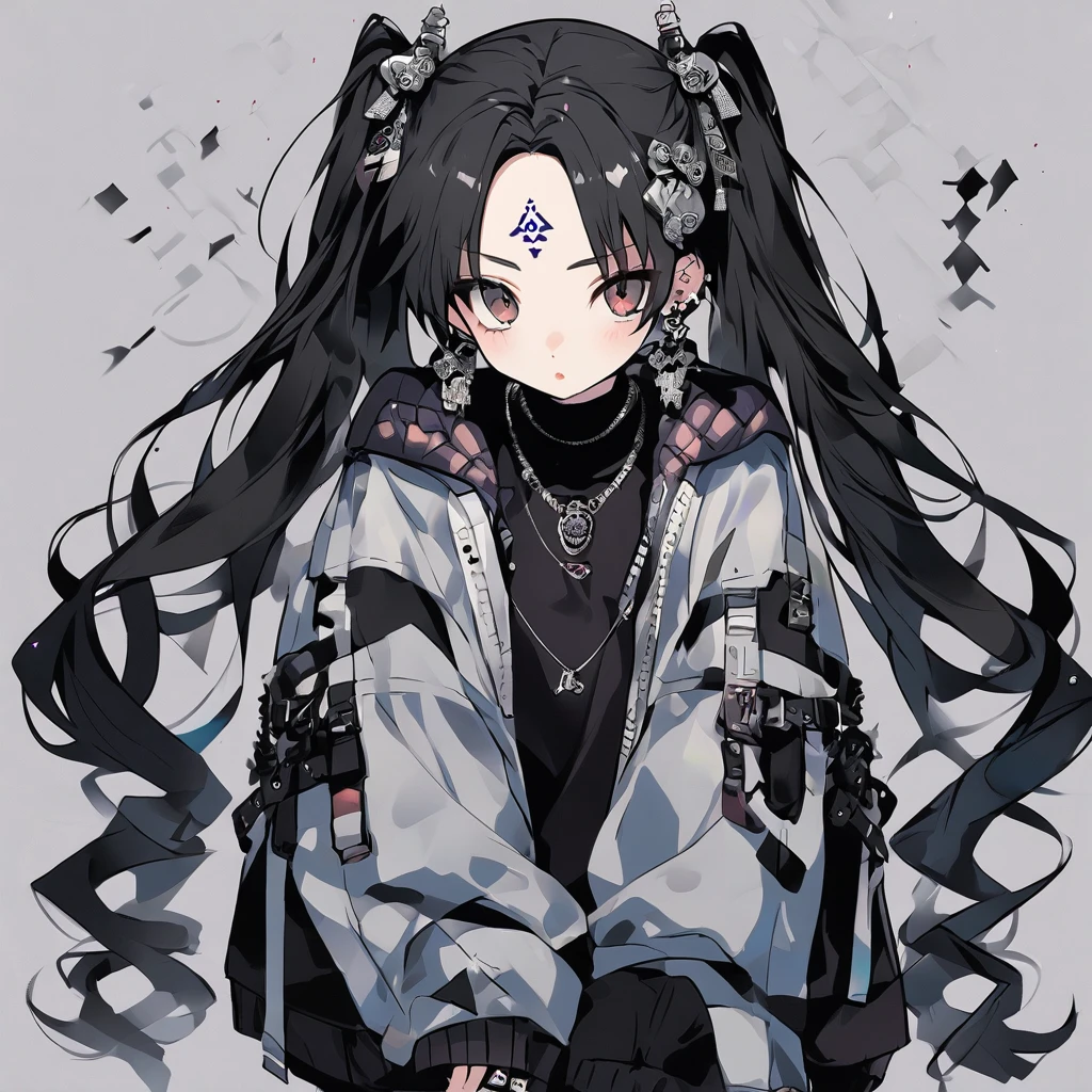 One girl、Long Hair、hair ornaments、jewelry、Earrings、Twin tails、necklace、Face mark、Forehead mark、Long sleeve、Jacket、black tights、