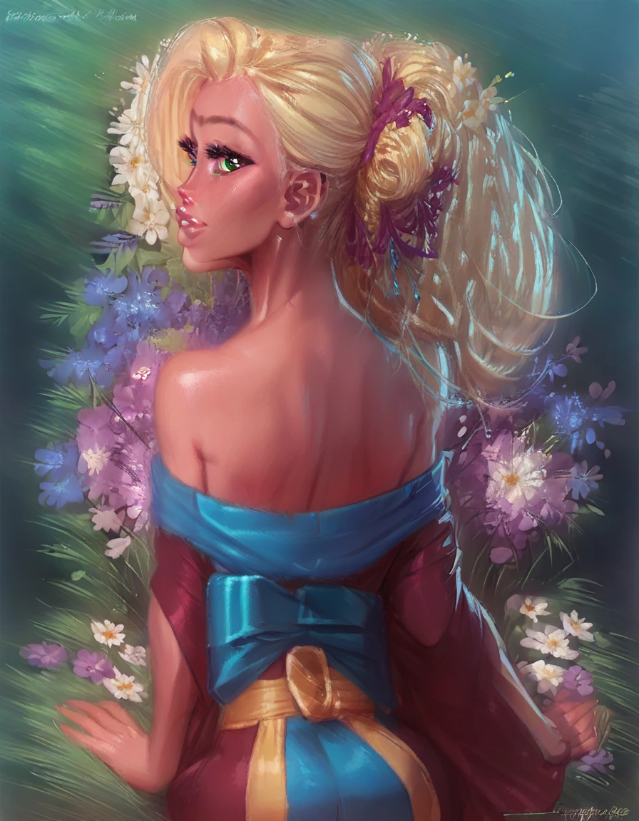 score_9, score_8_up, score_7_up, 1girl, , blonde hair, flowers, disney, source_cartoon, green eyes, red kimono, off shoulder, looking at viewer from behind  expressiveH 