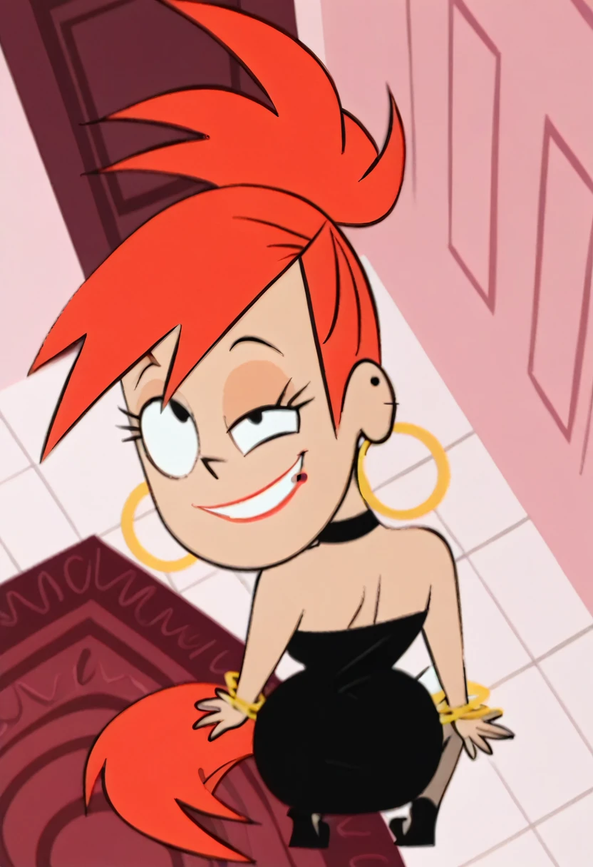 frankiefoster, 1 girl, lipstick, dress, black dress, Alone, jewelry, Red hair, SMILE, earrings, choker, hoop earrings, bracelet, Horse tail, high Horse tail, bare shoulders,inside, looking at the viewer,  score_9, score_8_above, score_7_above, score_6_above, score_5_above, score_4_above, bottomless, spread pussyy, back, naked, Chibi, squatting, bathroom, masturbating ,Ahegao, viewer view