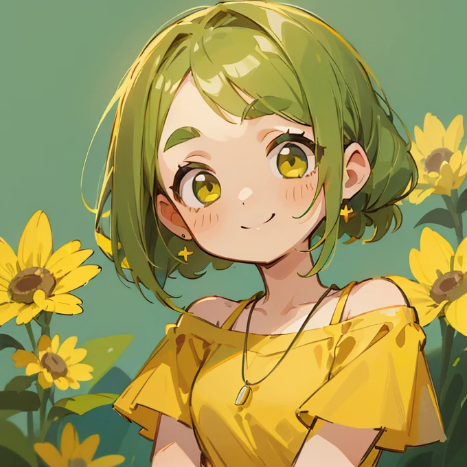 (masterpiece, Highest quality:1.2), (2 head body chibi character:1.1), Yellow-green hair, Chignon Hair, Top of the head, Yellow-green eyes, Yellow off-shoulder blouse, Denim shorts, Short bangs, Thick eyebrows, Round necklace, A gentle atmosphere, Hands together, smile, View your viewers, (Photo studio with blue background:1.0)
