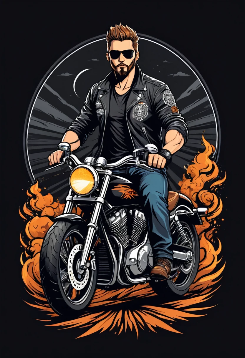 breathtaking biker, t shirt design, flat-colors, vector,  ((black backdrop)) . awardwinning, proffesional, highy detailed