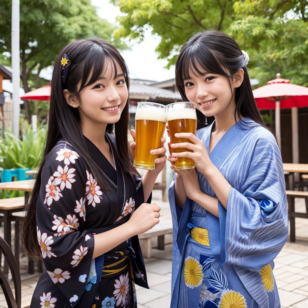 Yukata with beautiful pattern、Cute Girls、beer garden、There are beer glasses、Long black hair、smile、cheers、No straw、anime