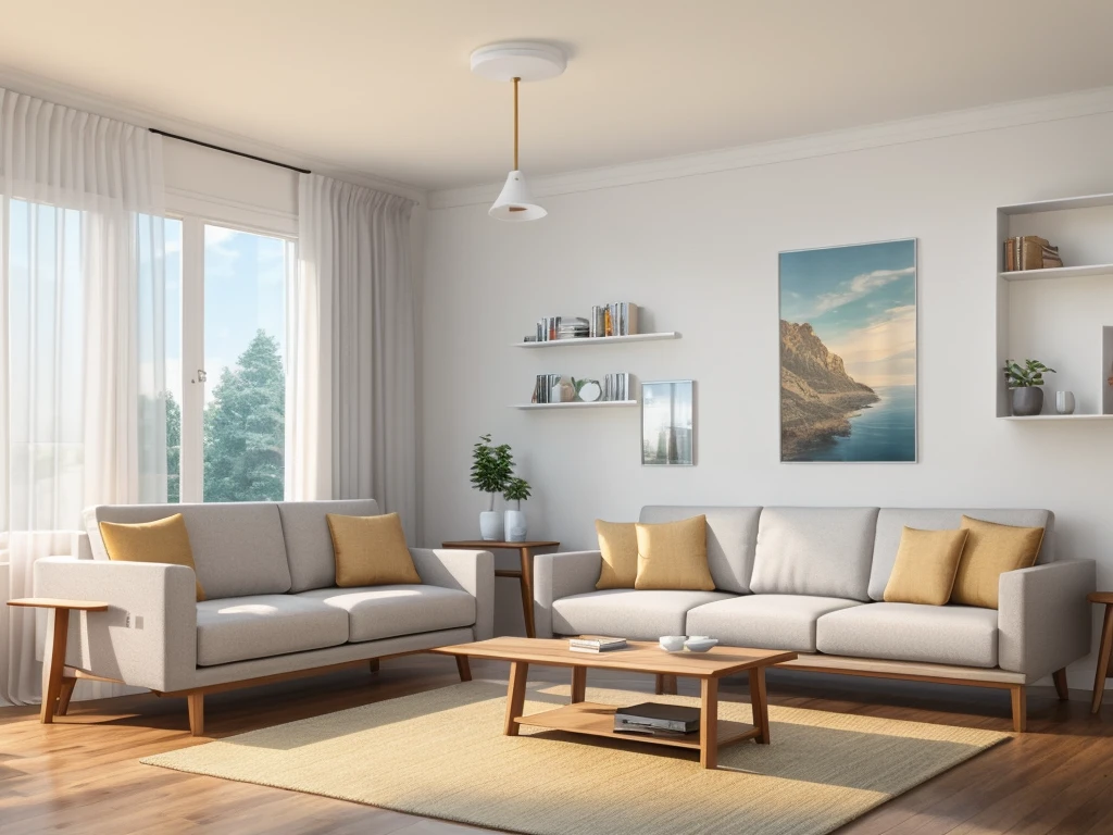 interior living room, modern styles, television shelf, modern fabric sofa, Ceiling Ligh, rug, two picture, wooden floor, white ceilingts, window, white curtain, natural lighting,
best quality, Masterpiece, Realistic, High quality, corona render, 3dsmax, vray,