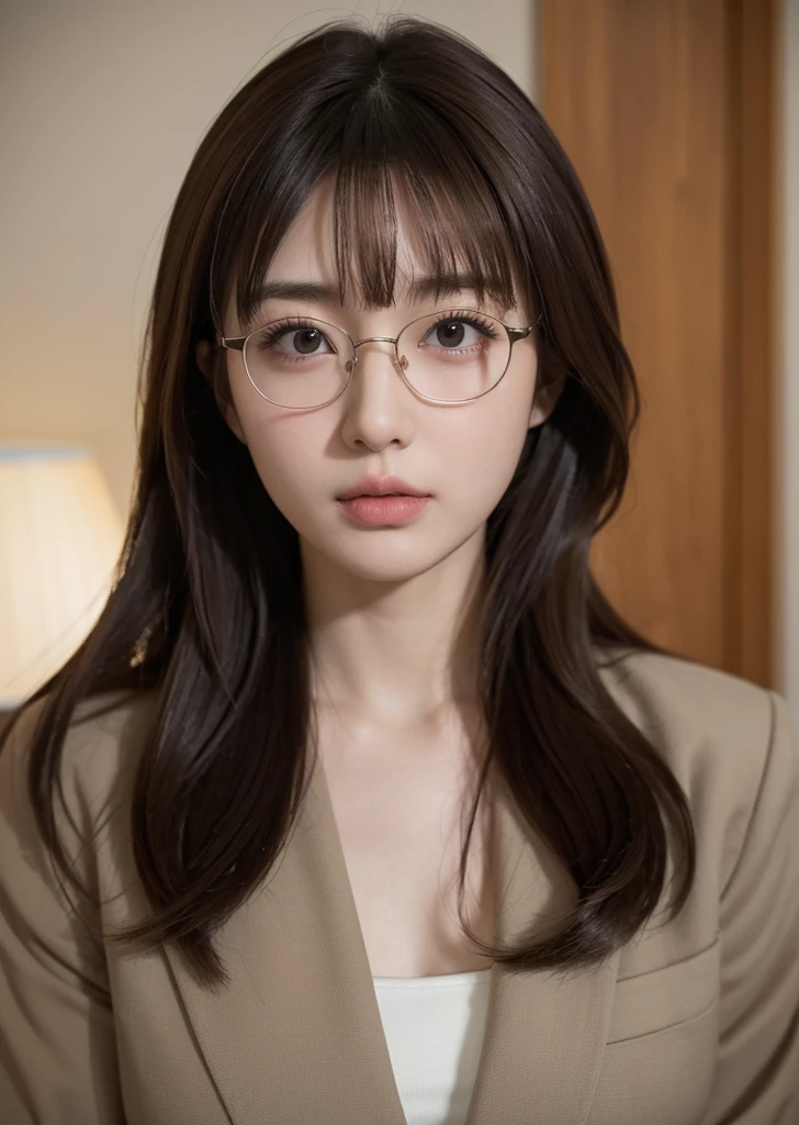 （Realisticな, photo-Realisticな:1.37),(8K, RAW Photos, 最high quality, masterpiece:1.2), Super detailedな, 超High resolution, Kodak Vision Color, Filmed with an Arricam LT camera,最high quality, Lively, 8K, High resolution, 1 female, Japanese、Escape, (Professional Lighting), (Portraiture:0.6), Has bangs、Brown Hair, (Medium Hair）,23 years old、(masterpiece), (Very complicated:1.3), (Realistic),high quality,High resolution,16K,Sharp Lines,One Woman,office、Glasses、Company uniform、I&#39;m working、1 female限定, Sitting, (From above), officeワーカー, (( White dress shirt),  A kind smile, (masterpiece 最high quality:1.2) 、 Super detailed,  ((Black pantyhose)), (モダンなoffice) indoor, (reception), Entrance, Detailed Background
