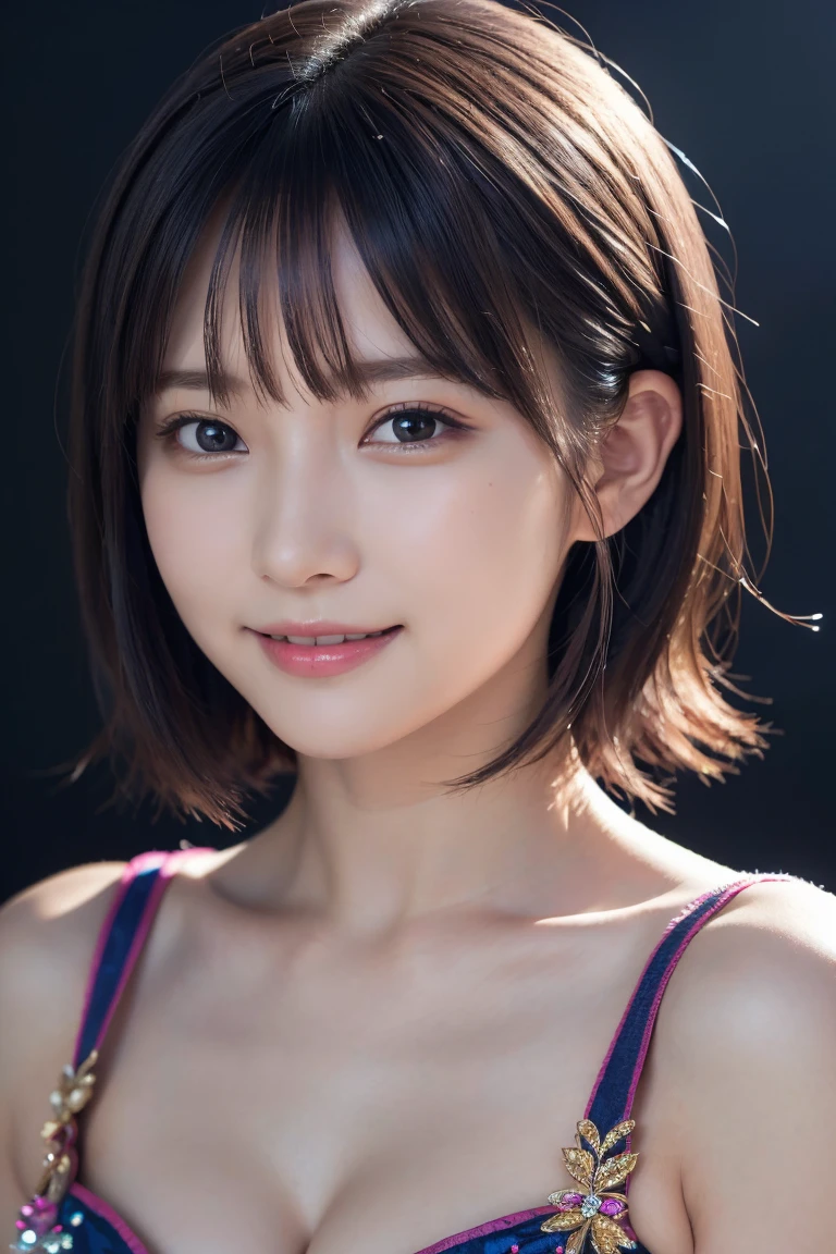 1 girl,(wearing colorful stage costume:1.2),very beautiful japanese idol portrait,close up of face,(RAW photo,best quality),(real,realistic:1.4),(masterpiece),very delicate and beautiful,very detailed,2k wallpaper,amazing,finely detailed,highly detailed CG Unity 8K wallpaper,very detailed,high resolution,soft light,beautiful detailed girl,very detailed eyes and face,beautiful refined nose,finely beautiful eyes,cinema lighting,(simple light color background:1.3),(short hair),(bob),full anatomy,slender body,small breasts,smiling,ビーチバレー