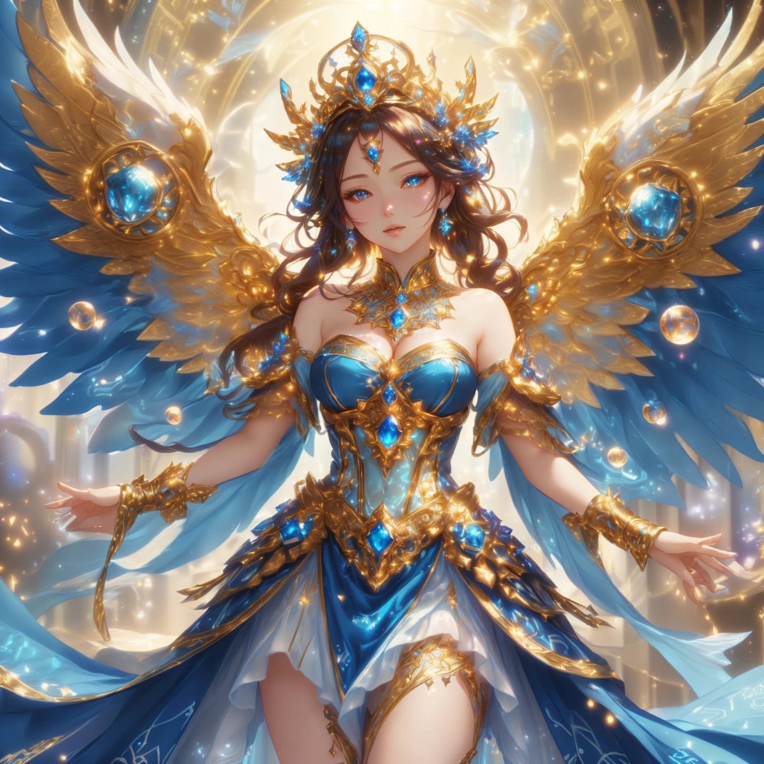 Close-up of a woman in a blue dress with lights shining behind her., extremely detailed Argerm, anime goddess, beautiful heavenly mage, High quality 8K detailed artwork., Argerm. anime illustration, Beautiful Fantasy Empress, beautiful devil girl, Fantasy anime artwork, beautiful goddess, Argerm style, Detailed digital anime art