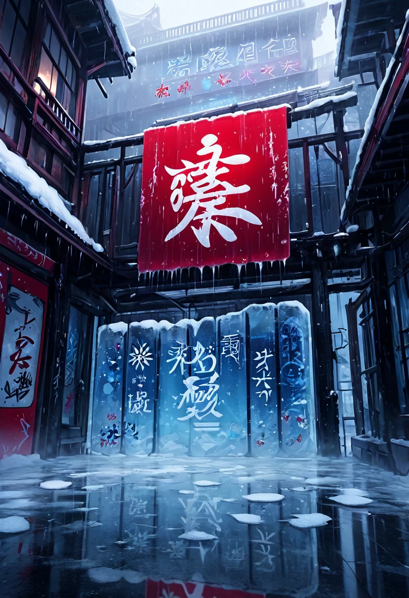 ice palace, red graffiti, japanese letters, dim lights, simple, fog, soft rain, water puddles, hd, ambient