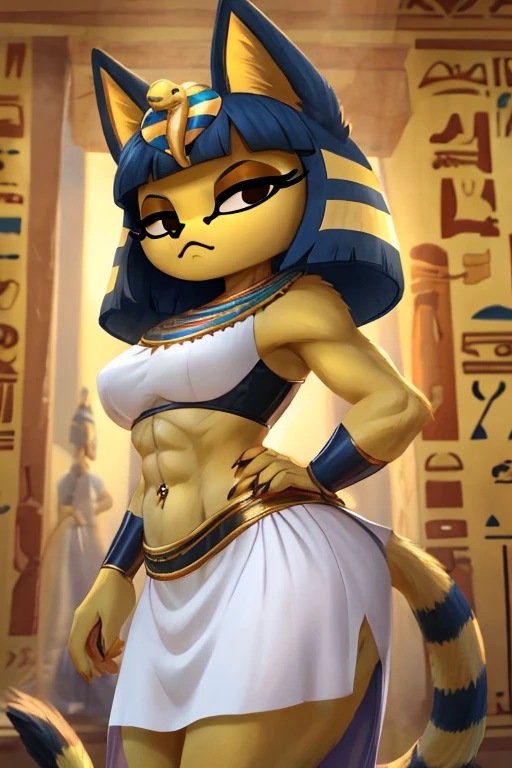 ((best quality)), ((masterpiece)), (detailed),  digital artwork of a  yellow cat ankha with abs wearing a crop top of her white sleeveless dress with white long dress skirt, a bare midriff and a bare navel, , Egyptian setting, anthro, furry style, tail, she looks snobbish, sideview navel piercing,  blue Egyptian handbands, she has caramel in her navel 