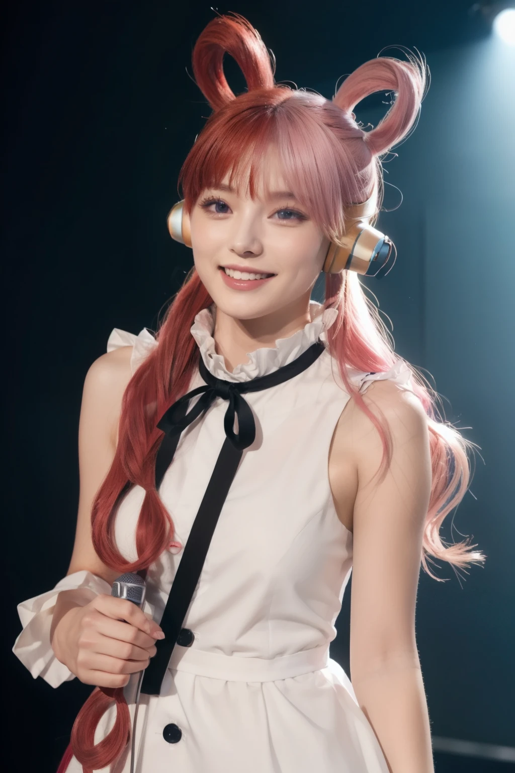 Masterpiece, highly detailed background, delicate pattern, intricate details, highly detailed, fine details, best quality, beautiful lighting, 4K, 8K, beautiful detailed eyes, medium chest, (on stage, concert, audience: 1.3), facing the camera, looking at the viewer, cowboy shot, microphone, singing, holding microphone, animal ears, coat, bare arms, center ruffle, dress, ruffle, gradient, hair above one eye, head wing, headphones, long hair, (red hair: 0.5 and pink hair: 1.3), red hair, white hair, neck ribbon, purple eyes, ribbon, sleeveless, smiling, alone, uta,