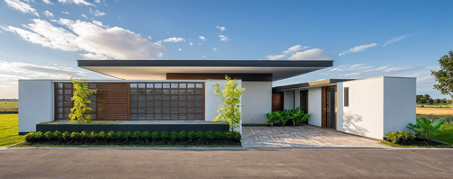 The modern gate features a sleek and minimalist design, sky, cloud, (daylight:1.1)
