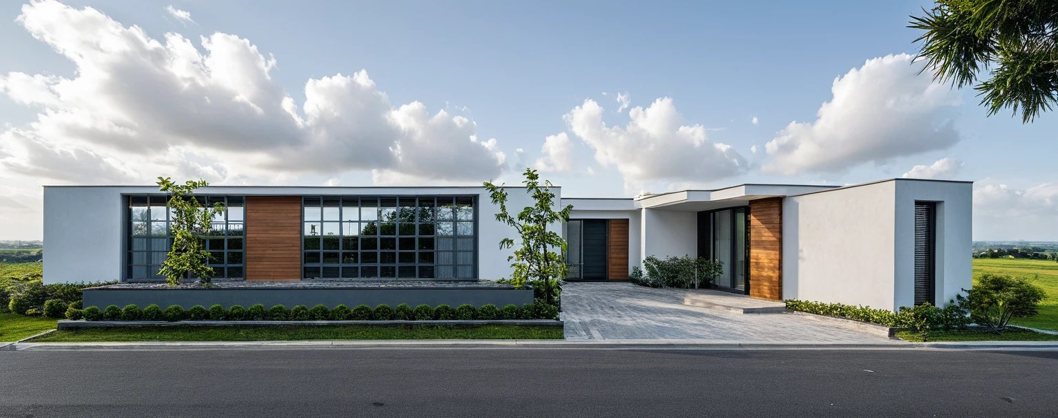 The modern gate features a sleek and minimalist design, sky, cloud, (daylight:1.1)