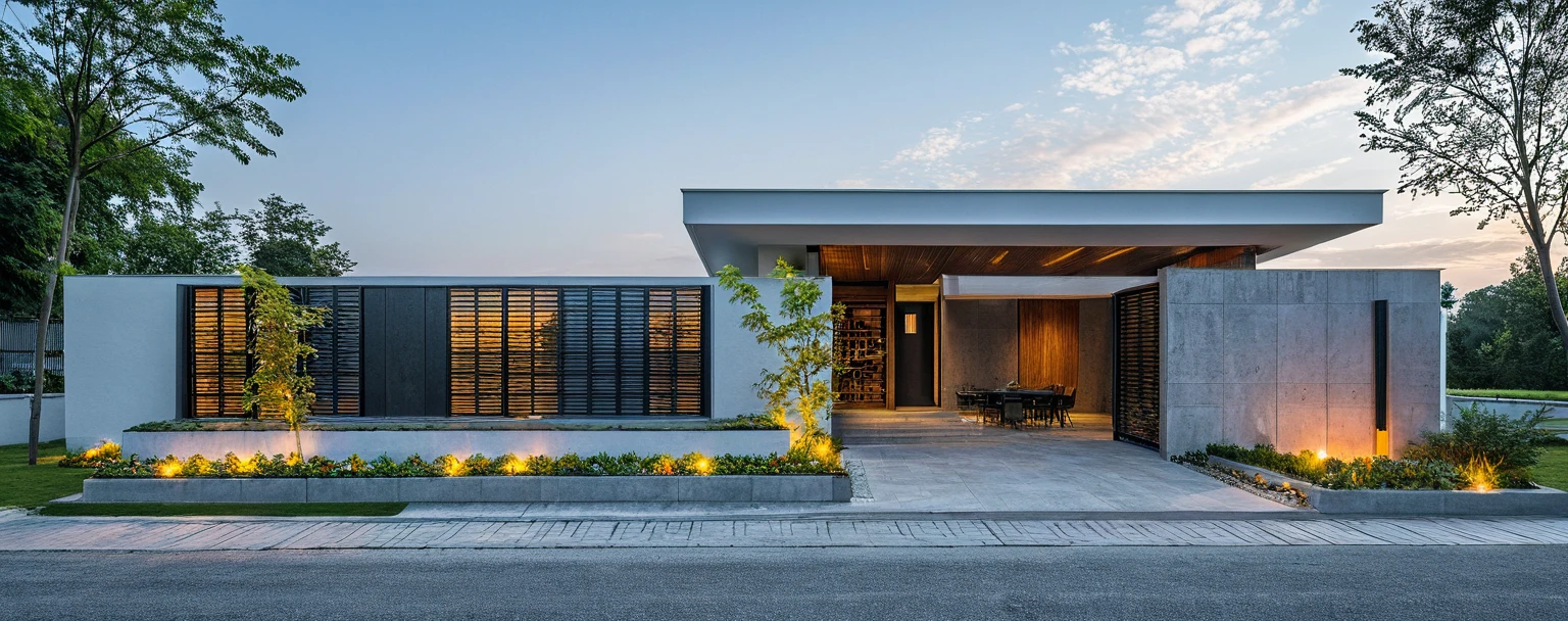 The modern gate features a sleek and minimalist design, sky, cloud, (daylight:1.1)