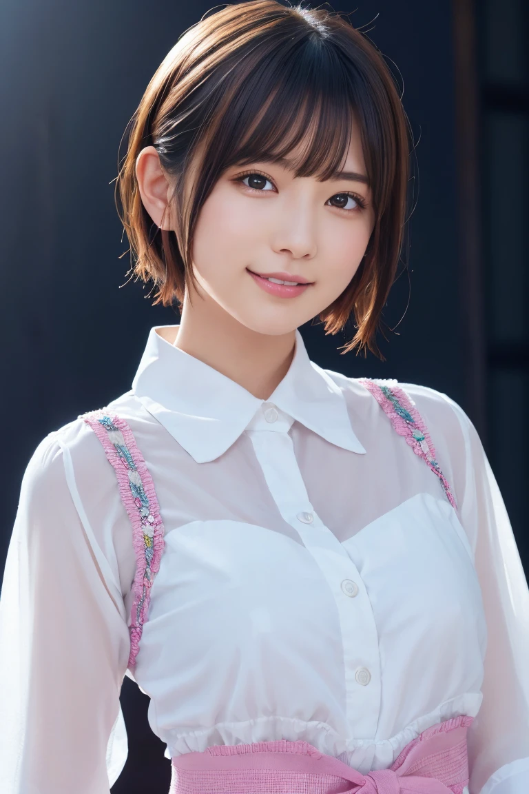 1 girl, (Wearing colorful stage costumes:1.2), Very beautiful Japanese idol portraits, Face close-up, (RAW Photos, highest quality), (Realistic, Realistic:1.4), (masterpiece), Very delicate and beautiful, Very detailed, 2k wallpaper, wonderful, finely, Very detailed CG Unity 8K wallpaper, Very detailed, High resolution, Soft Light, Beautiful detailed girl, Very detailed目と顔, Beautiful and sophisticated nose, Finely beautiful eyes, Cinema Lighting, (Simple light color background:1.3), (short hair), (Bob), Complete Anatomy, Slender body, Small breasts, smile,((ビーチバレー:1.3))