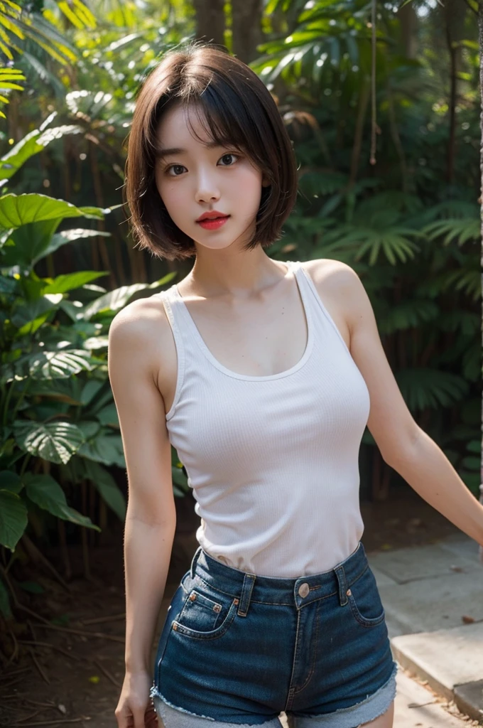 A very cute girl, solo, young, wearing tank top and short pants, big breasts, white and smooth skin, standing, medium hairs, red lip, at forest, realistic face
