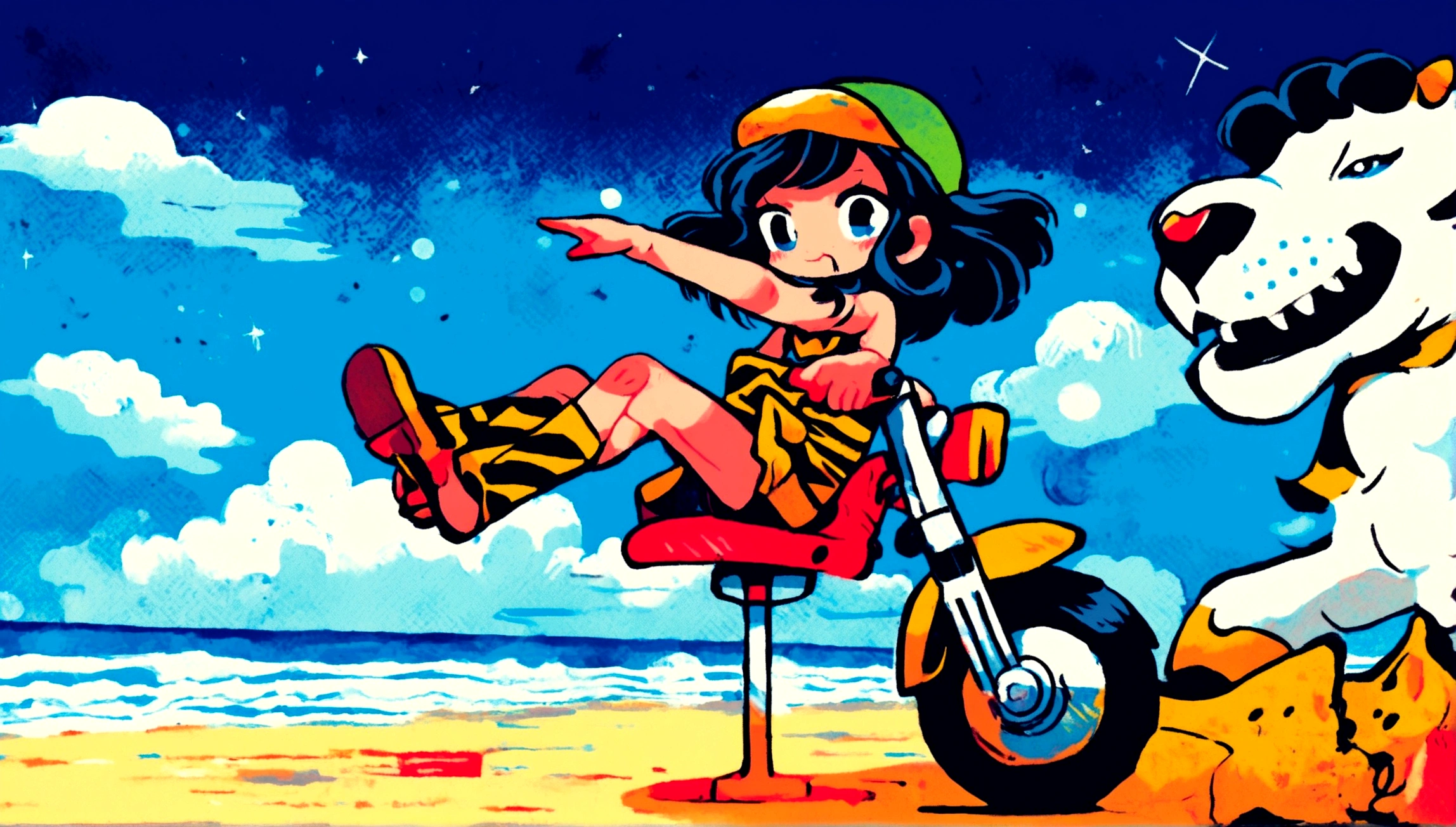 (lum:1.5), (solo:1.3), 1girl, tiny horns, riding a sci-fi motorcycle, smile, motor vehicle, skirt, riding, (score_9, score_8_up, score_7_up), masterpiece, best quality, absurdres, unity, 8k, wallpaper, hi res, highly detailed face, highly detailed eyes, blue eyes, perfect ???????, super detailed skin, outdoors, beach, seaside, beautiful landscape, island, 1980s style, anime style, (full body), (dynamic angle, dynamic pose:1.3), (flying:1.3), floating in air, floating under seabeach, animal print, strapless_bikini, breasts, (intricate details:1.4), cleavage, large breasts, (two-tone hair, green hair, black hair:1.1), floating hair, groin, small horns, (cowboy shot), looking at viewer, navel, print bikini, swimsuit, tiger print, tiger stripes, (electrokinetic, electrokinesis, spark effect, electricity:1.3), lightning shooting from hands, epic fantasy scene, dark ominous clouds, dramatic lighting, detailed facial features, high quality, cinematic composition, dramatic atmosphere, digital art, concept art, 8k, ultra-detailed, professional rendering, dramatic color palette, dynamic pose, cute doodle,