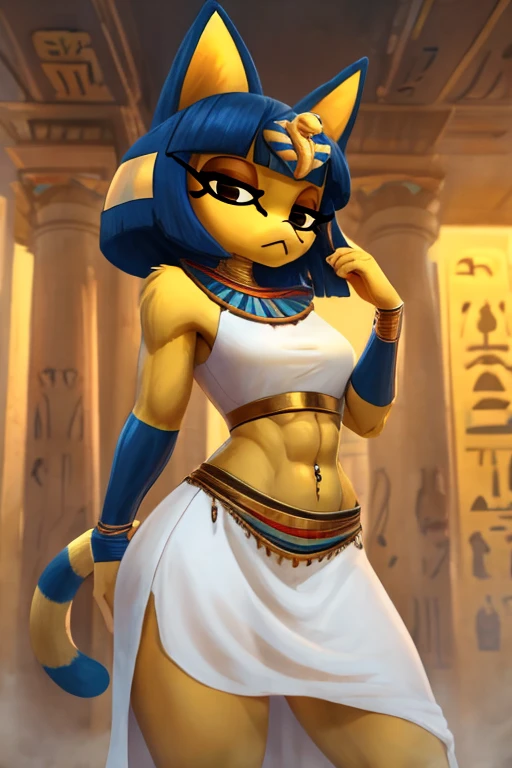 ((best quality)), ((masterpiece)), (detailed),  digital artwork of a  yellow cat ankha with abs wearing a crop top of her white sleeveless dress with white long dress skirt, a bare midriff and a bare navel, , Egyptian setting, anthro, furry style, tail, she looks snobbish, sideview navel piercing,  blue Egyptian handbands, she has caramel in her navel 