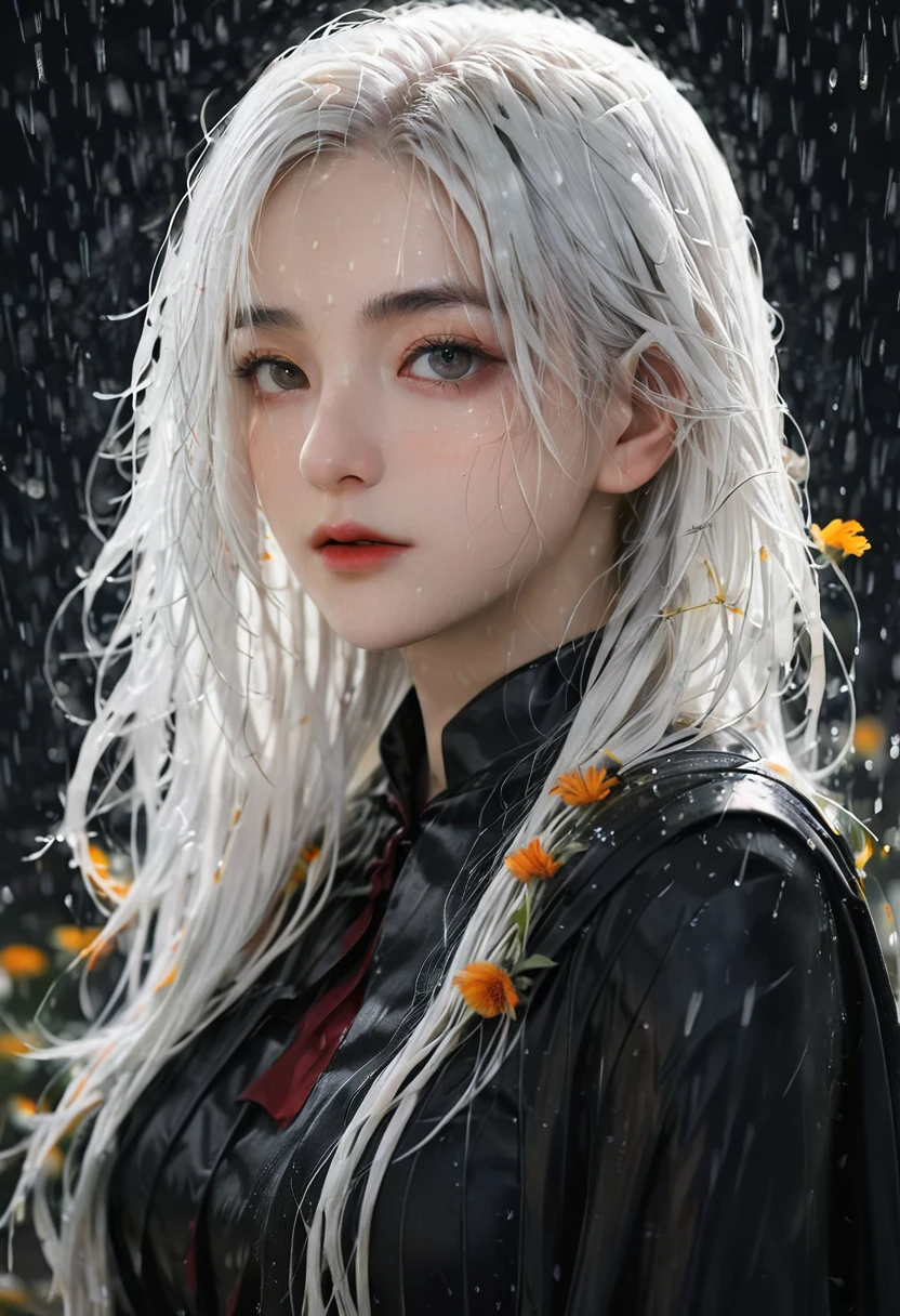 1 Girl,Solitary,1 Girl,Solitary,((Beautiful and delicate eyes)), (Detailed lighting),Depth of Field,(White hair),Silver Eyes,Hair covering one eye,(safflower ), Flowering,Long hair,Black cape,wet,callous,look back,night,Starfall,rain,FOG,safflowers falling,sketch,Upper Body,Strong shadows,