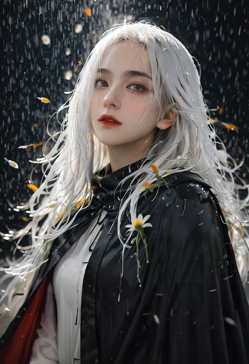 1 Girl,Solitary,1 Girl,Solitary,((Beautiful and delicate eyes)), (Detailed lighting),Depth of Field,(White hair),Silver Eyes,Hair covering one eye,(safflower ), Flowering,Long hair,Black cape,wet,callous,look back,night,Starfall,rain,FOG,safflowers falling,sketch,Upper Body,Strong shadows,