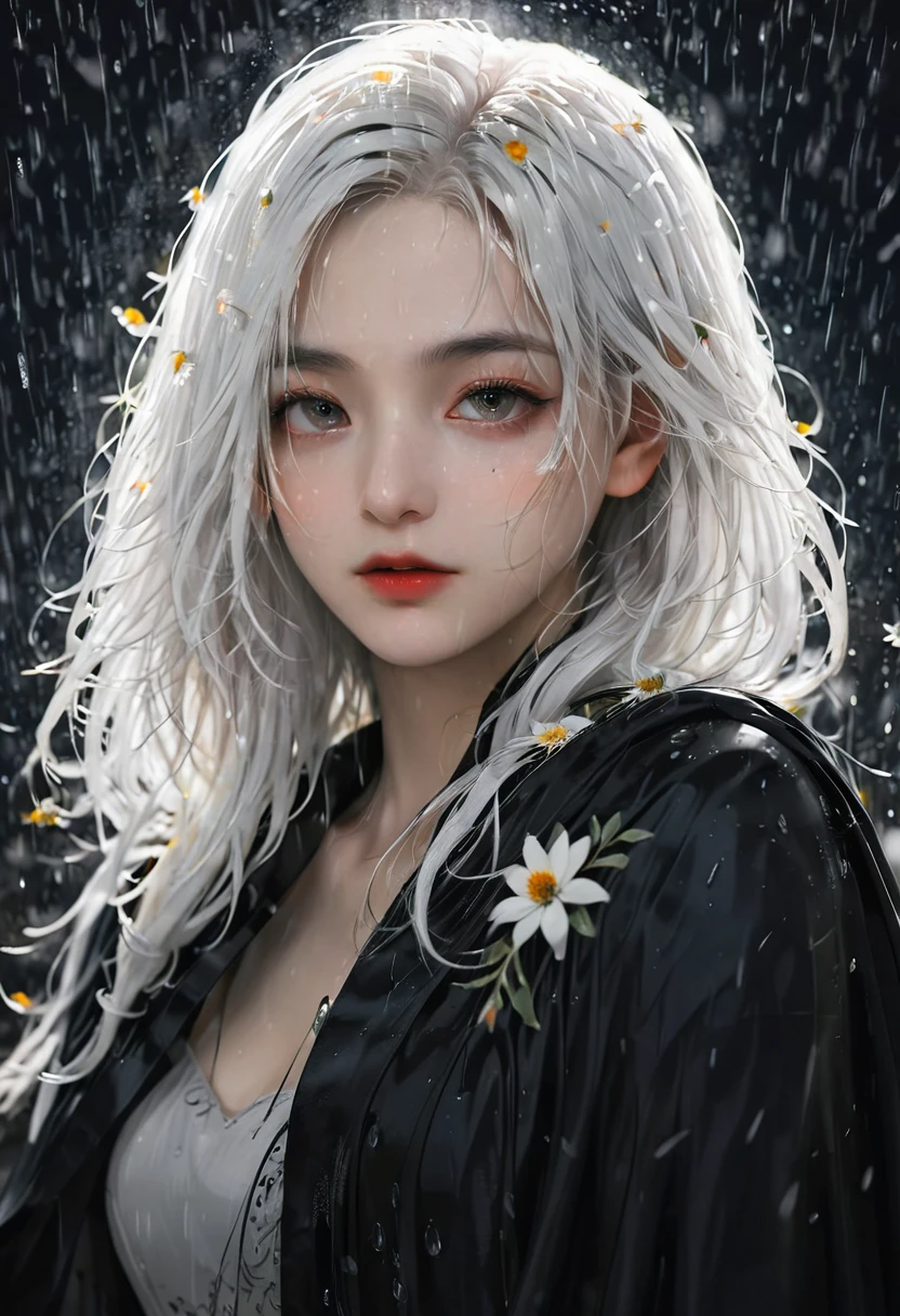 1 Girl,Solitary,1 Girl,Solitary,((Beautiful and delicate eyes)), (Detailed lighting),Depth of Field,(White hair),Silver Eyes,Hair covering one eye,(safflower ), Flowering,Long hair,Black cape,wet,callous,look back,night,Starfall,rain,FOG,safflowers falling,sketch,Upper Body,Strong shadows,