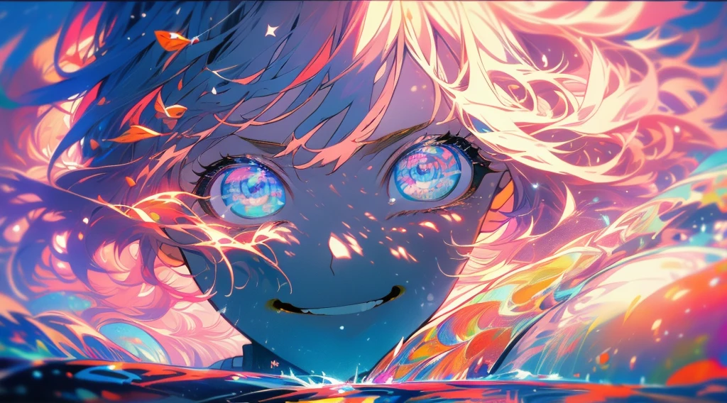 (8K, Highest quality, masterpiece:1.2),(Highest quality:1.0), (Ultra-high resolution:1.0), water彩, Handsome woman, shoulder, Hair Ribbon, Agnes Cecil, Close-up of face, Very bright and luminous design, pastel colour, (ink:1.3), Autumn Light,water,背景にwater流,smile,Tears,Tears in my eyes,Face only,Consistency in eye color,