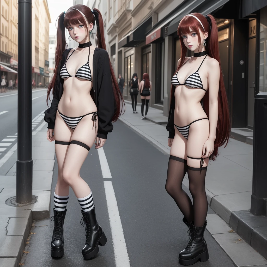 A young girl with sad expression, long dark red hair with black streaks with bangs, light blue eyes, pale skin, round face, on the street, full body, , freckles, black makeup and lipstick, flat chest, a micro string bikini, long striped black and white knee socks, twintails, earrings, black High-platform boots