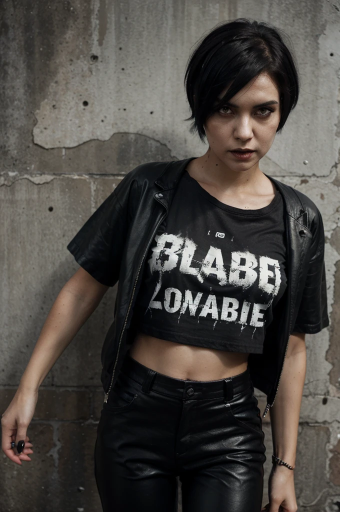 Black short hair zombie girl, bleached t-shirt, vampire, cables, black leather trouser