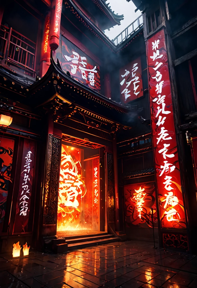 fire palace, graffiti, japanese letters led, dim lights, simple, fog, hd, ambient