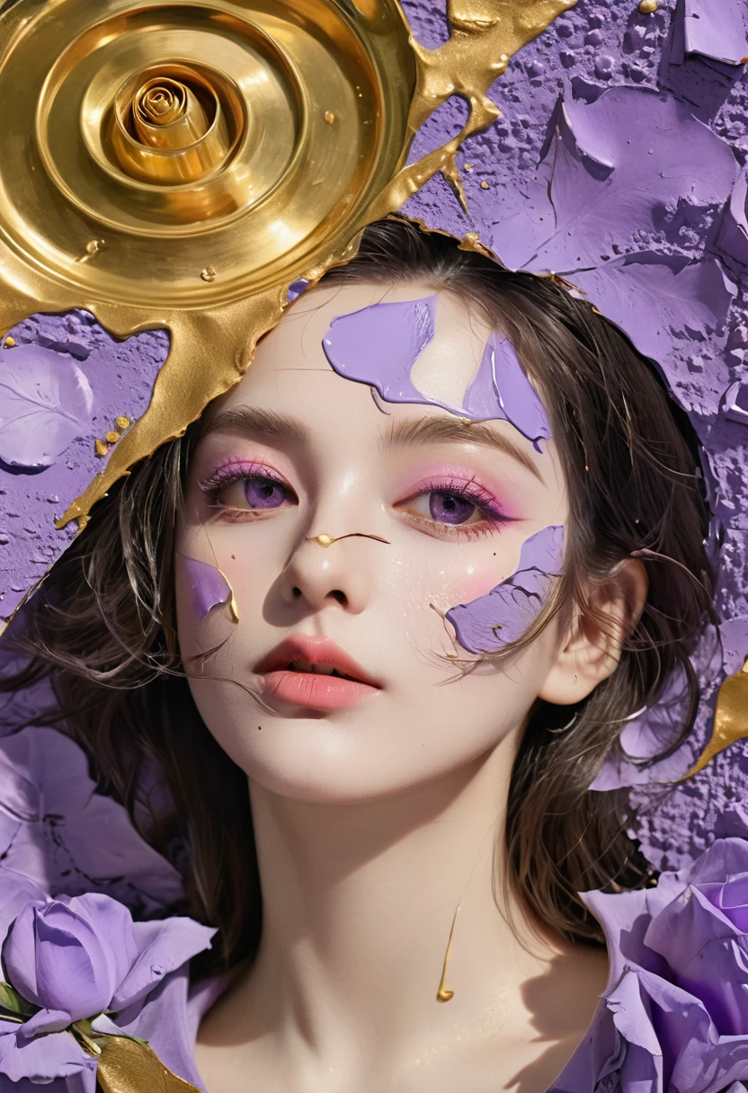 Printing mixed colors. Perfect Simetria. Purple rose in the middle,Next to it is the face of a beautiful woman,The scene is 18 years old,The eyes are shining,With tears,Golden lips.. blush, reflection, tread on. illustration, light. View from the ceiling. Abstract Picasso. For 3D. No teenagers. Not very realistic. No watercolor