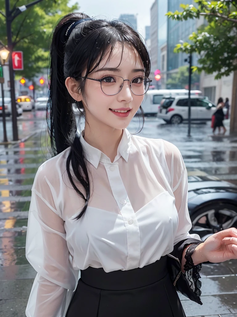 ((best quality, 8K, masterpiece: 1.3)),upper body,Thick black-rimmed glasses,Black Hair, black eye,sharp focus: 1.2, beautiful woman: 1.4, ((ponytail: 1.2)),(darkmagenta skirt、White blouse with lace), (wet from rain: 1.3), (rain, street: 1.2), wet body: 1.2, Highly detailed face and skin texture, detailed eyes, double eyelids, White skin,E cup,smile,Financial district of the big city,Skyscraper,White skin,Wet Hair、Wet Skin、Wet clothes、smile、 from front