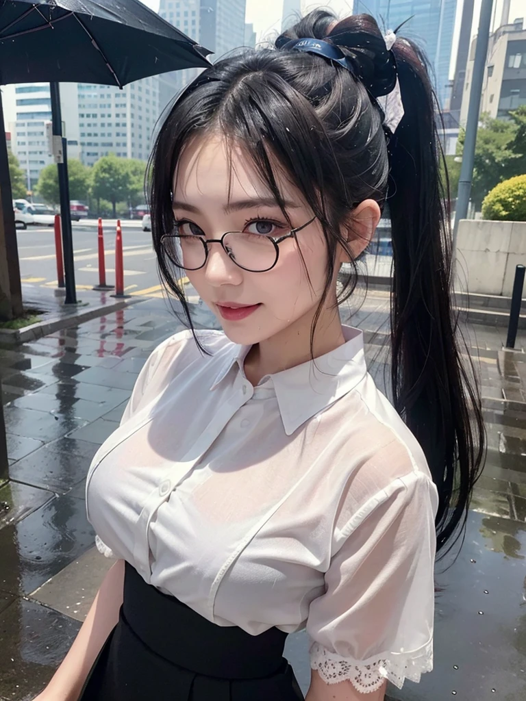 ((best quality, 8K, masterpiece: 1.3)),upper body,Thick black-rimmed glasses,Black Hair, black eye,sharp focus: 1.2, beautiful woman: 1.4, ((ponytail: 1.2)),(darkmagenta skirt、White blouse with lace), (wet from rain: 1.3), (rain, street: 1.2), wet body: 1.2, Highly detailed face and skin texture, detailed eyes, double eyelids, White skin,E cup,smile,Financial district of the big city,Skyscraper,White skin,Wet Hair、Wet Skin、Wet clothes、smile、 from front