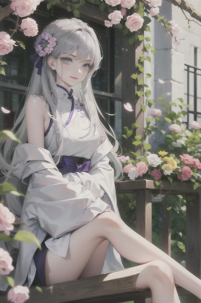 masterpiece, Excellent, daytime, outdoor, Falling Flowers, Branches, China人, China, 1 girl, Perfect Woman, Woman with long silver hair, Gray blue eyes, Light pink lips,  Serious, ,Purple Eyes, White clothes, , Delicate face, Delicate face, Sitting Legs, Smile