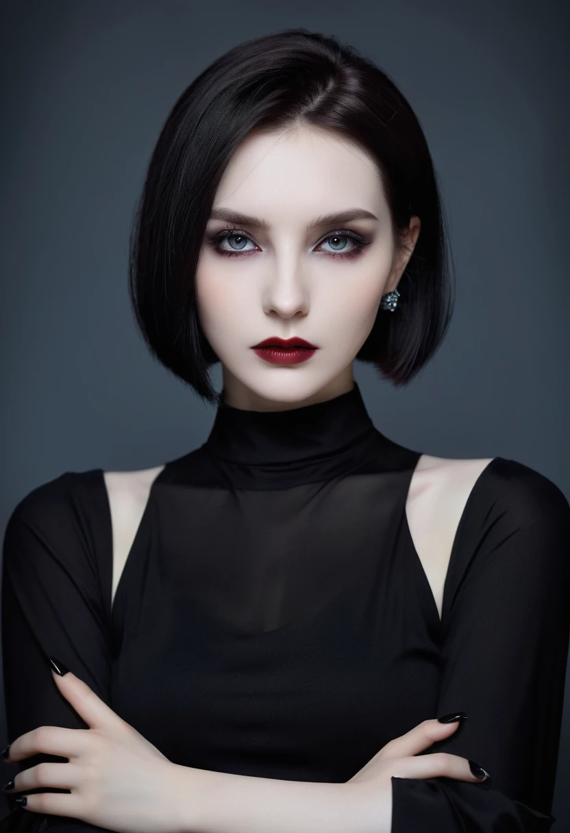 (high quality: 1.3), Lenses, masterpiece, (Clear focus: 1.5), (Reality: 1.3), Medium Portrait (A young beautiful vampire woman, Pale skin, Gothic, Still proud and fierce, Black Straight Short Bob Hairstyle, Dark, Wearing a very fine dark tunic, Dark atmosphere, Instead, it uses sharp contrasts of light and dark to create shapes.), It&#39;s night, (Very delicate skin), (Delicate face),  Detailed background, Dim Lights, Dusk lighting, Volumetric Lighting, Intricate details, Ultra HD,