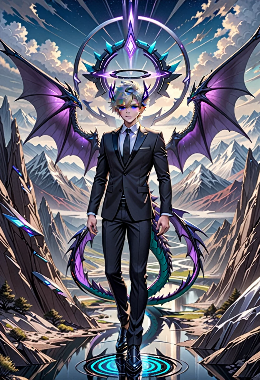 masterpiece, highest quality, highest resolution, clear_image, detailed details, gray hair, 1 boy, purple eyes, dragon wings, futuristic halo, black suit, full body, no water marks, handsome. mountain, no extra limps, no extra body