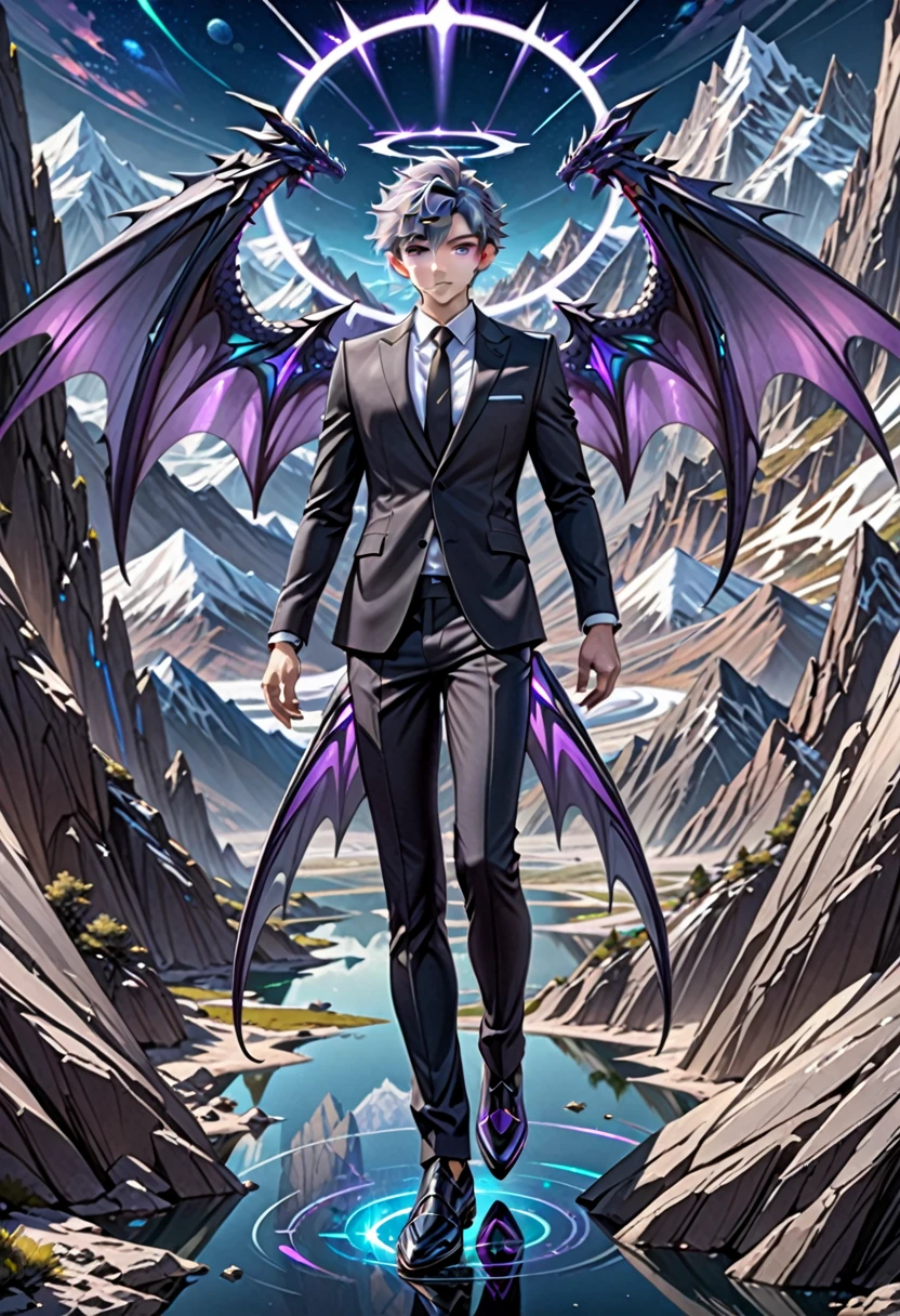 masterpiece, highest quality, highest resolution, clear_image, detailed details, gray hair, 1 boy, purple eyes, dragon wings, futuristic halo, black suit, full body, no water marks, handsome. mountain, no extra limps, no extra body