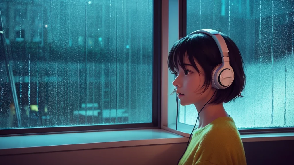 night、Short-haired girl listening to music in a cozy room, Use headphones, 2D Style Anime, Rain outside the window、Analog Color Theme、Ghibli style、neon