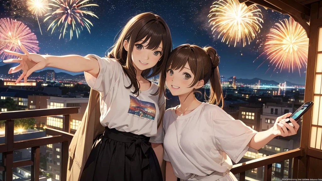 (Very detailed,High resolution,masterpiece:1.2）Japanese、Balcony of a high rise apartment･Balcony、Night view, Starry Sky、milky way、Light brown hair. Big fireworks、No sleeve、Short sleeve tops、(Highest quality:1.2), 20～40-year-old woman、Small breasts、Very detailedな, High resolution, masterpiece:1,2, Vivid and colorful,, Professional Lighting, Physically Based Rendering, Flat Color:0.8, Detailed illustrations, realism:1.37, Makoto Shinkai style, Your name style, Light brown hair, Elegant update,ponytail, Bun Hair。, Laugh together,  Selfie, Full body older sister、。I love you 、、The whole body is visible、Anime Drawings、。The whole body is visible、stand alone。