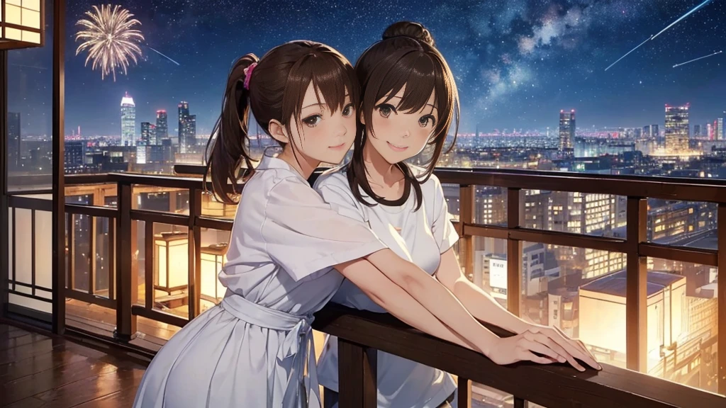 (Very detailed,High resolution,masterpiece:1.2）Japanese、Balcony of a high rise apartment･Balcony、Night view, Starry Sky、milky way、Light brown hair. Big fireworks、No sleeve、Short sleeve tops、(Highest quality:1.2), 20～40-year-old woman、Small breasts、Very detailedな, High resolution, masterpiece:1,2, Vivid and colorful,, Professional Lighting, Physically Based Rendering, Flat Color:0.8, Detailed illustrations, realism:1.37, Makoto Shinkai style, Your name style, Light brown hair, Elegant update,ponytail, Bun Hair。, Laugh together,  Selfie, Full body older sister、。I love you 、、The whole body is visible、Anime Drawings、。The whole body is visible、stand alone。