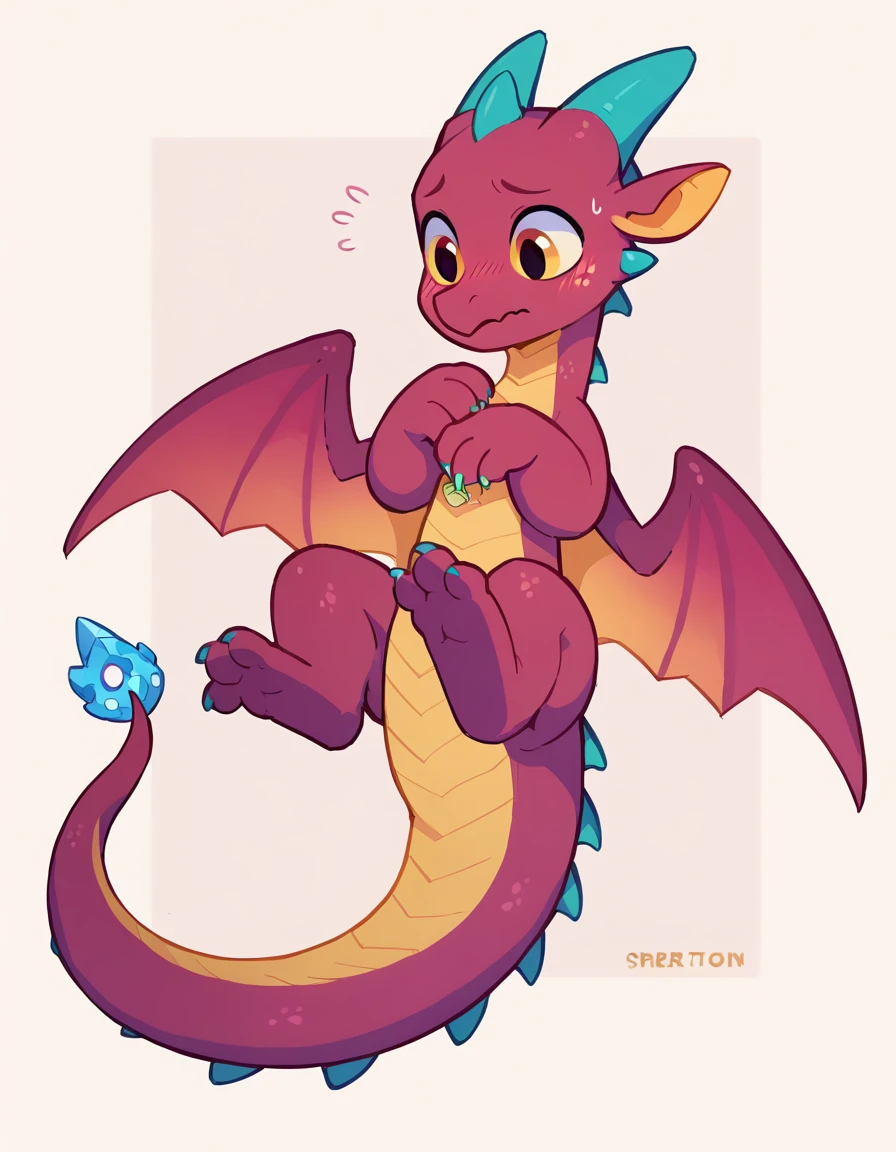 A cute feral dragon, nsfw, spreding legs, embarrassed, male dragon, dragon dick, young dragon